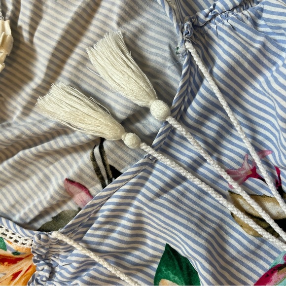 Oddi Blue Stripe Floral Peasant Blouse 1X Tassel Tie top shirt boho - Picture 4 of 6